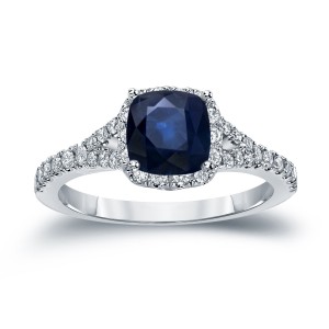 Gold 1ct Blue Sapphire and 1/2ct TDW Diamond Halo Engagement Ring - Handcrafted By Name My Rings™