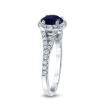 Gold 1ct Blue Sapphire and 1/2ct TDW Round Cut Diamond Halo Engagement Ring - Handcrafted By Name My Rings™
