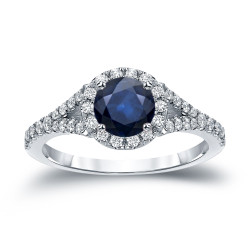 Gold 1ct Blue Sapphire and 1/2ct TDW Round Cut Diamond Halo Engagement Ring - Handcrafted By Name My Rings™