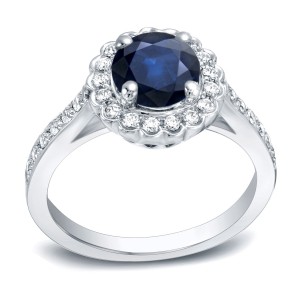 Gold 1ct Blue Sapphire and 1/3ct TDW Round Diamond Halo Engagement Ring - Handcrafted By Name My Rings™