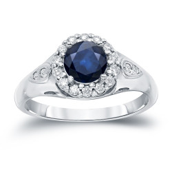 Gold 1ct Blue Sapphire and 1/4ct TDW Diamond Halo Engagement Ring - Handcrafted By Name My Rings™