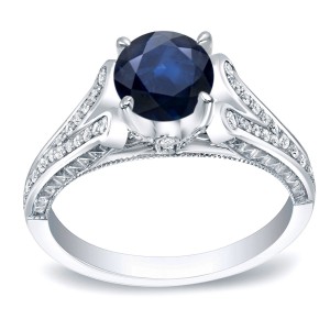 Gold 1ct Blue Sapphire and 1/4ct TDW Round Diamond Engagement Ring - Handcrafted By Name My Rings™