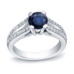 Gold 1ct Blue Sapphire and 1/4ct TDW Round Diamond Engagement Ring - Handcrafted By Name My Rings™