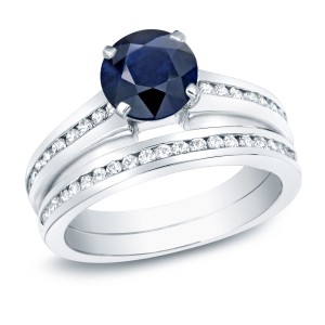 Gold 1ct Blue Sapphire and 1ct TDW Round Diamond Bridal Ring Set - Handcrafted By Name My Rings™