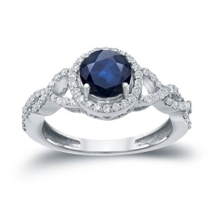 Gold 1ct Blue Sapphire and 2/5ct TDW Round Diamond Halo Engagement Ring - Handcrafted By Name My Rings™
