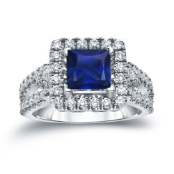 Gold 1ct Blue Sapphire and 3/4ct TDW Diamond Halo Engagement Ring - Handcrafted By Name My Rings™