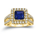 Gold 1ct Blue Sapphire and 3/4ct TDW Diamond Halo Engagement Ring - Handcrafted By Name My Rings™
