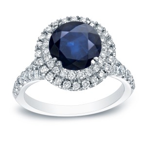 Gold 1ct Blue Sapphire and 3/5ct TDW Round Halo Engagement Ring - Handcrafted By Name My Rings™