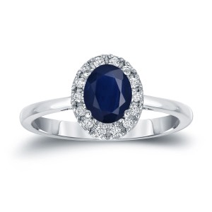Gold 1ct Oval Cut Blue Sapphire and 1/8ct TDW Diamond Halo Engagement Ring - Handcrafted By Name My Rings™