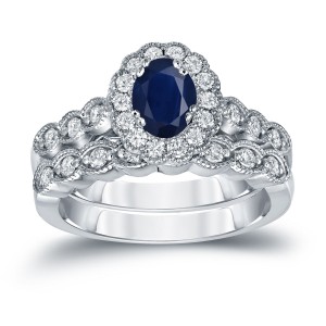 Gold 1ct Oval Cut Blue Sapphire and 3/5ct TDW Diamond Halo Bridal Ring Set - Handcrafted By Name My Rings™