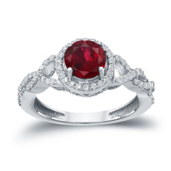 Gold 1ct Ruby and 2/5ct TDW Round Diamond Halo Engagement Ring - Handcrafted By Name My Rings™