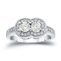 Gold 1ct TDW 2-Stone Round Cut Diamond Halo Engagement Ring - Handcrafted By Name My Rings™