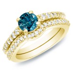 Gold 1ct TDW Blue Diamond Bridal Ring Set - Handcrafted By Name My Rings™