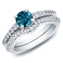 Gold 1ct TDW Blue Diamond Bridal Ring Set - Handcrafted By Name My Rings™