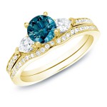 Gold 1ct TDW Blue Round Diamond Bridal Set - Handcrafted By Name My Rings™