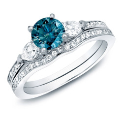 Gold 1ct TDW Blue Round Diamond Bridal Set - Handcrafted By Name My Rings™