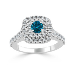Gold 1ct TDW Blue Round Diamond Double Halo Engagement Ring - Handcrafted By Name My Rings™