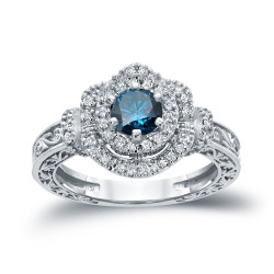 Gold 1ct TDW Blue Round Diamond Engagement Ring - Handcrafted By Name My Rings™