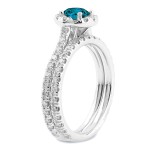 Gold 1ct TDW Blue Round Diamond Halo Bridal Ring Set - Handcrafted By Name My Rings™