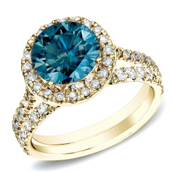 Gold 1ct TDW Blue Round Diamond Halo Bridal Ring Set - Handcrafted By Name My Rings™