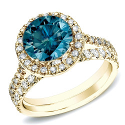 Gold 1ct TDW Blue Round Diamond Halo Bridal Ring Set - Handcrafted By Name My Rings™