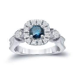 Gold 1ct TDW Blue Round Diamond Halo Engagement Ring - Handcrafted By Name My Rings™