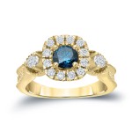 Gold 1ct TDW Blue Round Diamond Halo Engagement Ring - Handcrafted By Name My Rings™