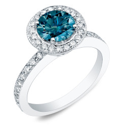 Gold 1ct TDW Blue Round Diamond Halo Engagement Ring - Handcrafted By Name My Rings™
