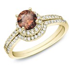 Gold 1ct TDW Brown Round Diamond Bridal Ring Set - Handcrafted By Name My Rings™