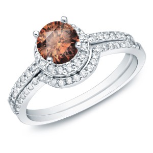 Gold 1ct TDW Brown Round Diamond Bridal Ring Set - Handcrafted By Name My Rings™