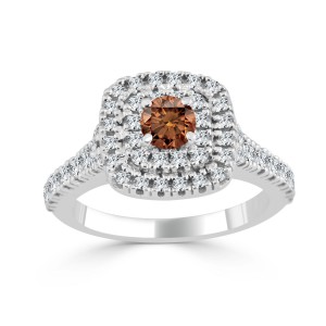 Gold 1ct TDW Brown Round Diamond Double Halo Engagement Ring - Handcrafted By Name My Rings™
