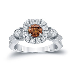 Gold 1ct TDW Brown Round Diamond Halo Engagement Ring - Handcrafted By Name My Rings™