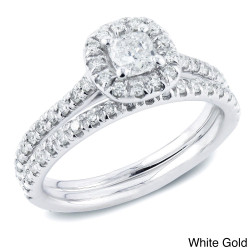 Gold 1ct TDW Certified Cushion-Cut Diamond Halo Engagement Ring Set - Handcrafted By Name My Rings™