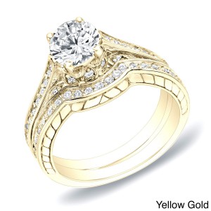Gold 1ct TDW Certified Diamond Curved Band Bridal Ring Set - Handcrafted By Name My Rings™