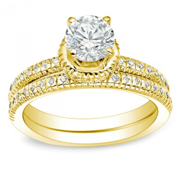 Gold 1ct TDW Certified Round Diamond Bridal Ring Set - Handcrafted By Name My Rings™