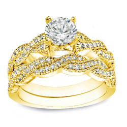 Gold 1ct TDW Certified Round Diamond Bridal Ring Set - Handcrafted By Name My Rings™
