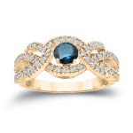 Gold 1ct TDW Halo Blue and White Diamond Engagement Ring - Handcrafted By Name My Rings™