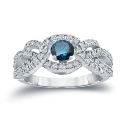 Gold 1ct TDW Halo Blue and White Diamond Engagement Ring - Handcrafted By Name My Rings™