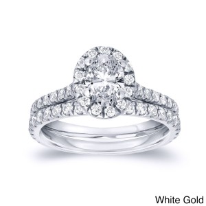 Gold 1ct TDW Oval Diamond Halo Bridal Ring Set - Handcrafted By Name My Rings™
