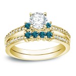 Gold 1ct TDW Round Blue Diamond Bridal Ring Set - Handcrafted By Name My Rings™
