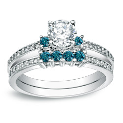 Gold 1ct TDW Round Blue Diamond Bridal Ring Set - Handcrafted By Name My Rings™