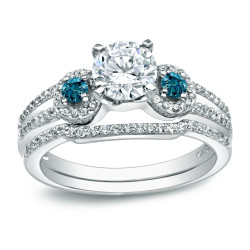Gold 1ct TDW Round Blue Diamond Bridal Ring Set - Handcrafted By Name My Rings™