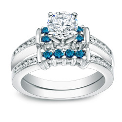 Gold 1ct TDW Round Blue Diamond Bridal Ring Set - Handcrafted By Name My Rings™
