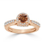 Gold 1ct TDW Round Brown Diamond Halo Engagement Ring - Handcrafted By Name My Rings™