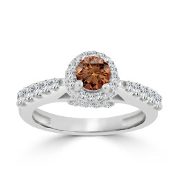 Gold 1ct TDW Round Brown Diamond Halo Engagement Ring - Handcrafted By Name My Rings™