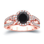 Gold 1ct TDW Round Cut Black Diamond Halo Engagement Ring - Handcrafted By Name My Rings™