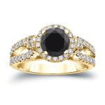 Gold 1ct TDW Round Cut Black Diamond Halo Engagement Ring - Handcrafted By Name My Rings™