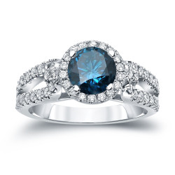 Gold 1ct TDW Round Cut Blue Diamond Halo Engagement Ring - Handcrafted By Name My Rings™