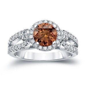 Gold 1ct TDW Round Cut Brown Diamond Halo Engagement Ring - Handcrafted By Name My Rings™