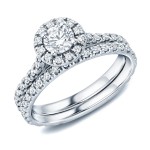 Gold 1ct TDW Round Diamond Halo Bridal Ring Set - Handcrafted By Name My Rings™